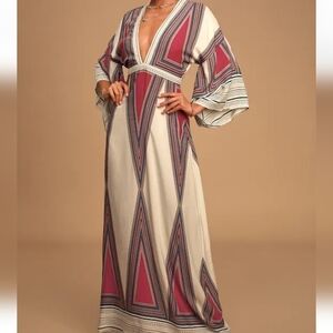Lulu's Cream and Pink Geometric Maxi Dress